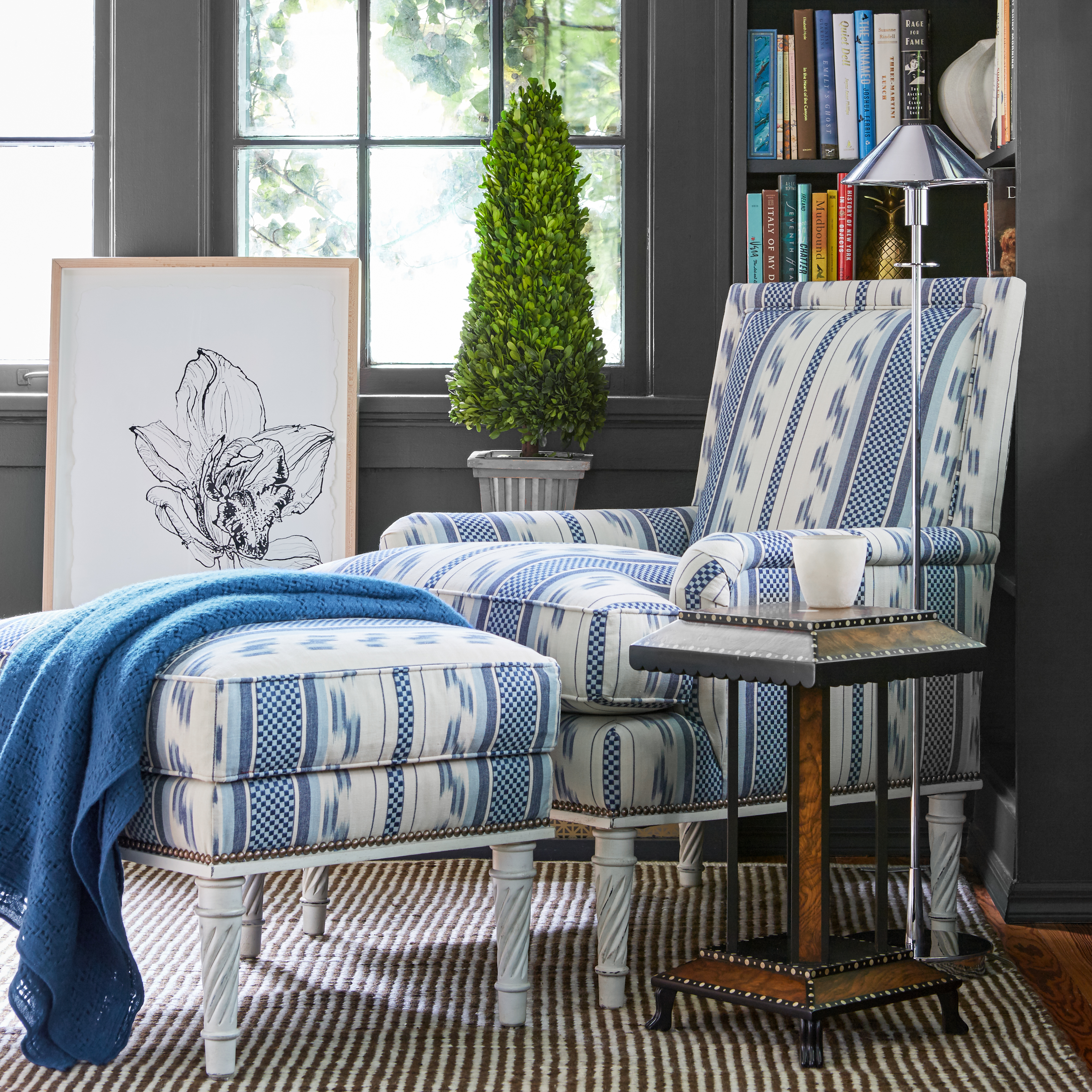 Azure chair in striped blue and white from Bunny Williams Home