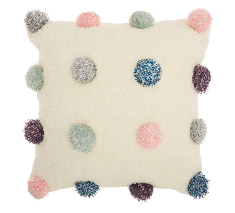 Square beige pillow with gray, blue, pink, purple and green puffs from Nourison