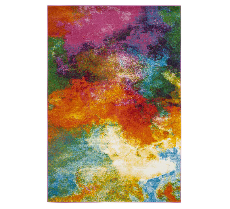 Watercolor abstract area rug with bright pinks, purples, oranges and blues from Safavieh