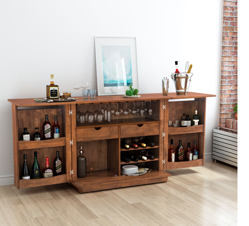 Brown LInea bar cabinet  with two opening doors and two drawers within from Zuo Modern
