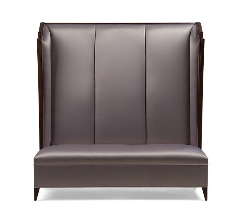 Pullman Express banquette with a tall back and a silver/purple fabric from Christopher Guy