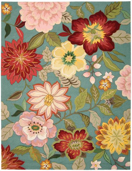 Fantasy FA18 AQU rug with exotic flowers in pink, crimson and yellow on a green background from Nourison