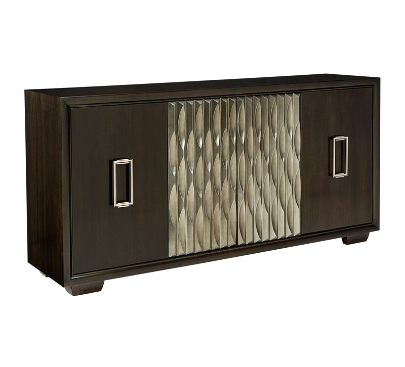 Two-door  Azzuro buffet in dark brown with metal middle panel and silver handles from A.R.T. Furniture