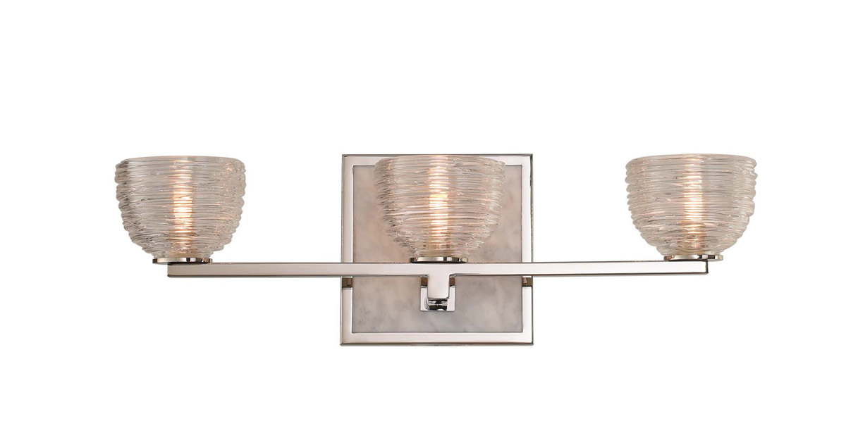 Bianco bathroom vanity light with three lights and gold backplate from Kalco Lighting