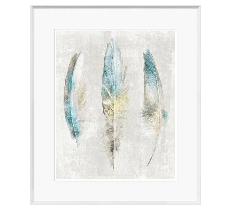 Aqua Feathers on Linen showing three white, blue and yellow feathers on a white background from Celadon Art