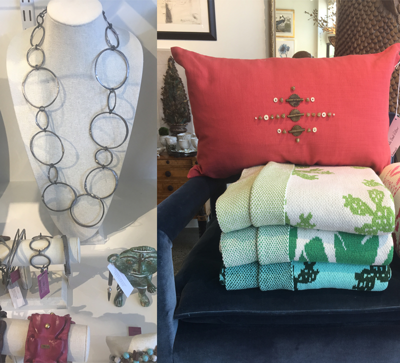 Necklace on the left, pillow on the right in Coco & Dash showroom