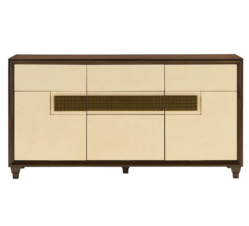 Channing credenza with a Bourbon-stained mahogany on the exterior and cream-colored doors from Currey & Company