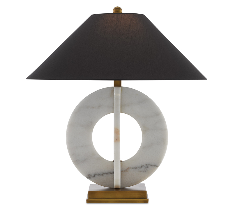 Felice table lamp with a black shade, brass base and marble interlocking rings from Currey & Co.