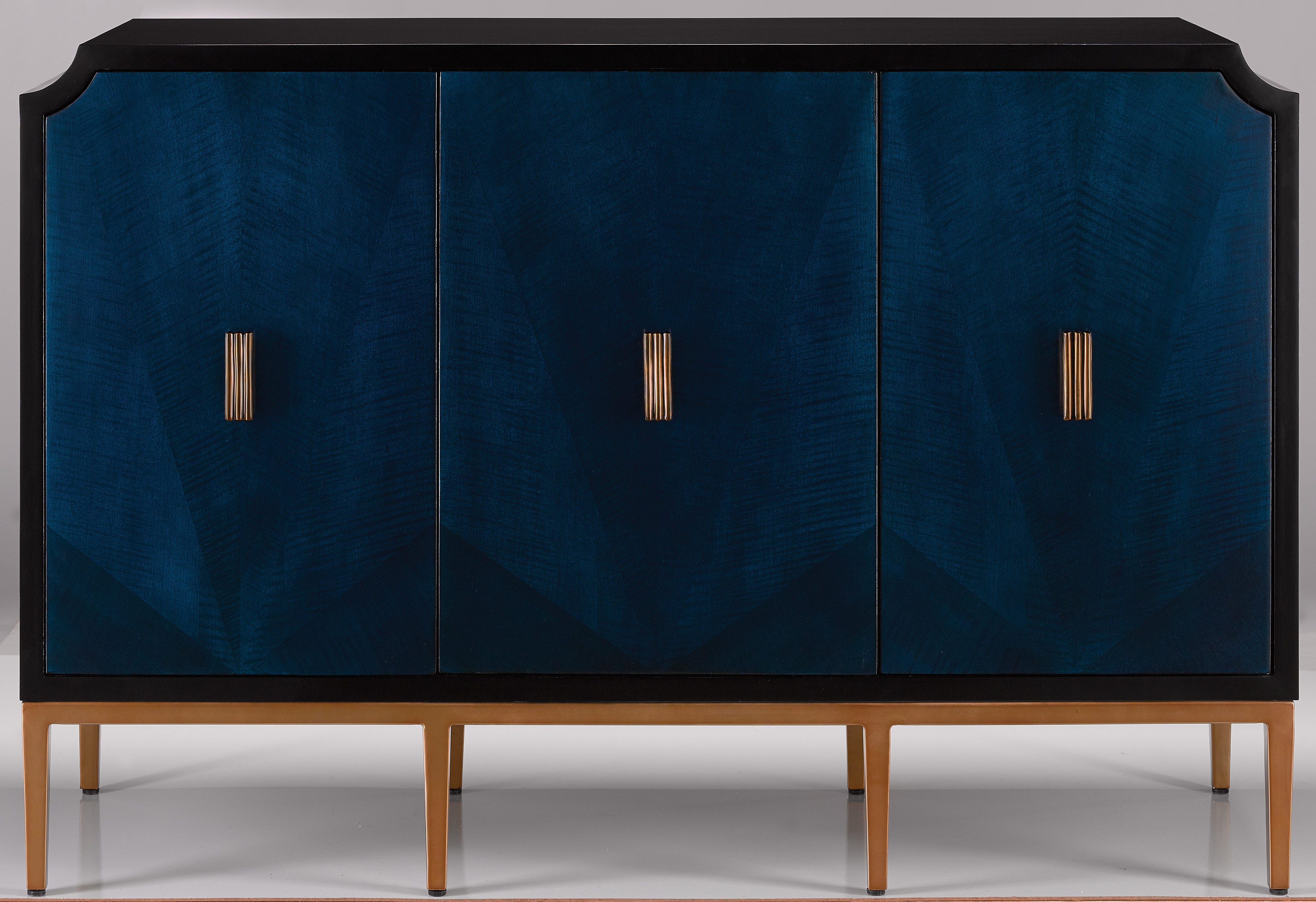 Kallista cabinet in blue with brass hardware from Currey and Company 