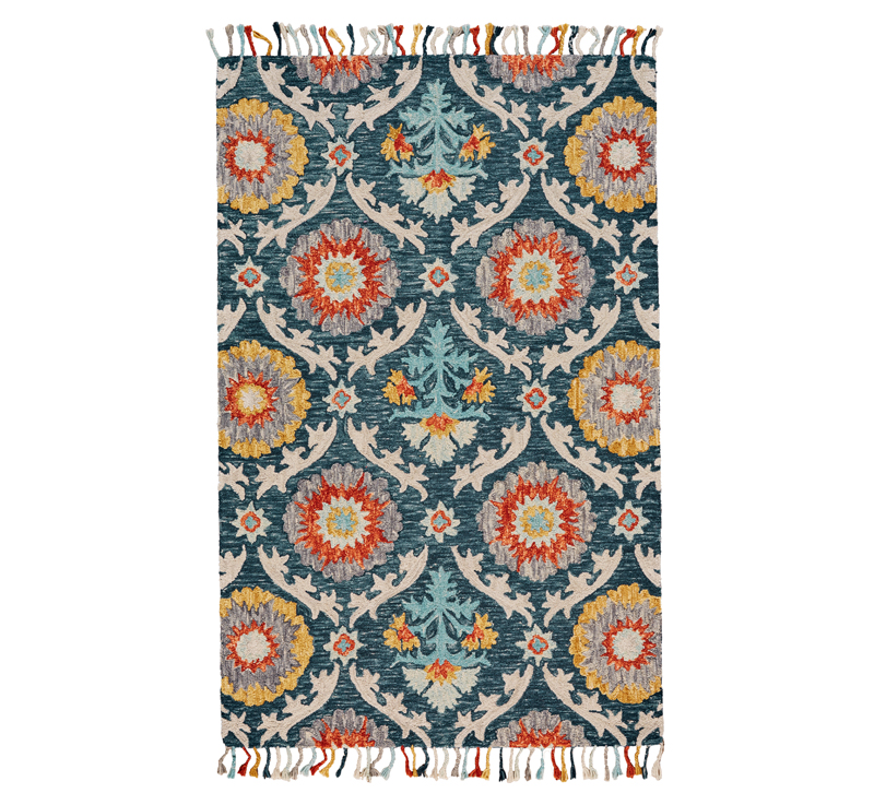 Abelia patterned area rug with blue, orange, yellow and beige colors with tassels from Feizy