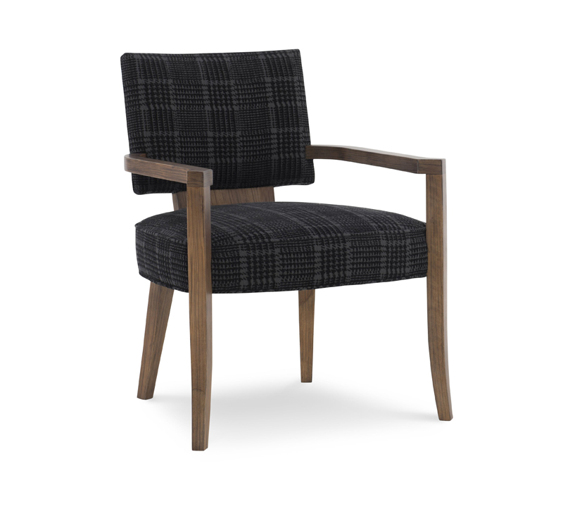 Dalston chair with a short square back in a black fabric and wooden arms and legs from Fine Furniture Design
