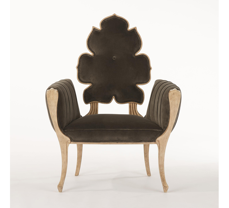 Leaf-back Wiggle chair in gold and brown velvet fabric from Global Views