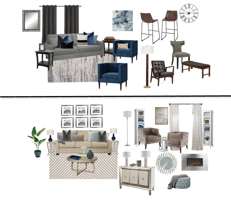 Two mood boards for living rooms designed by Gray Space Interior Design