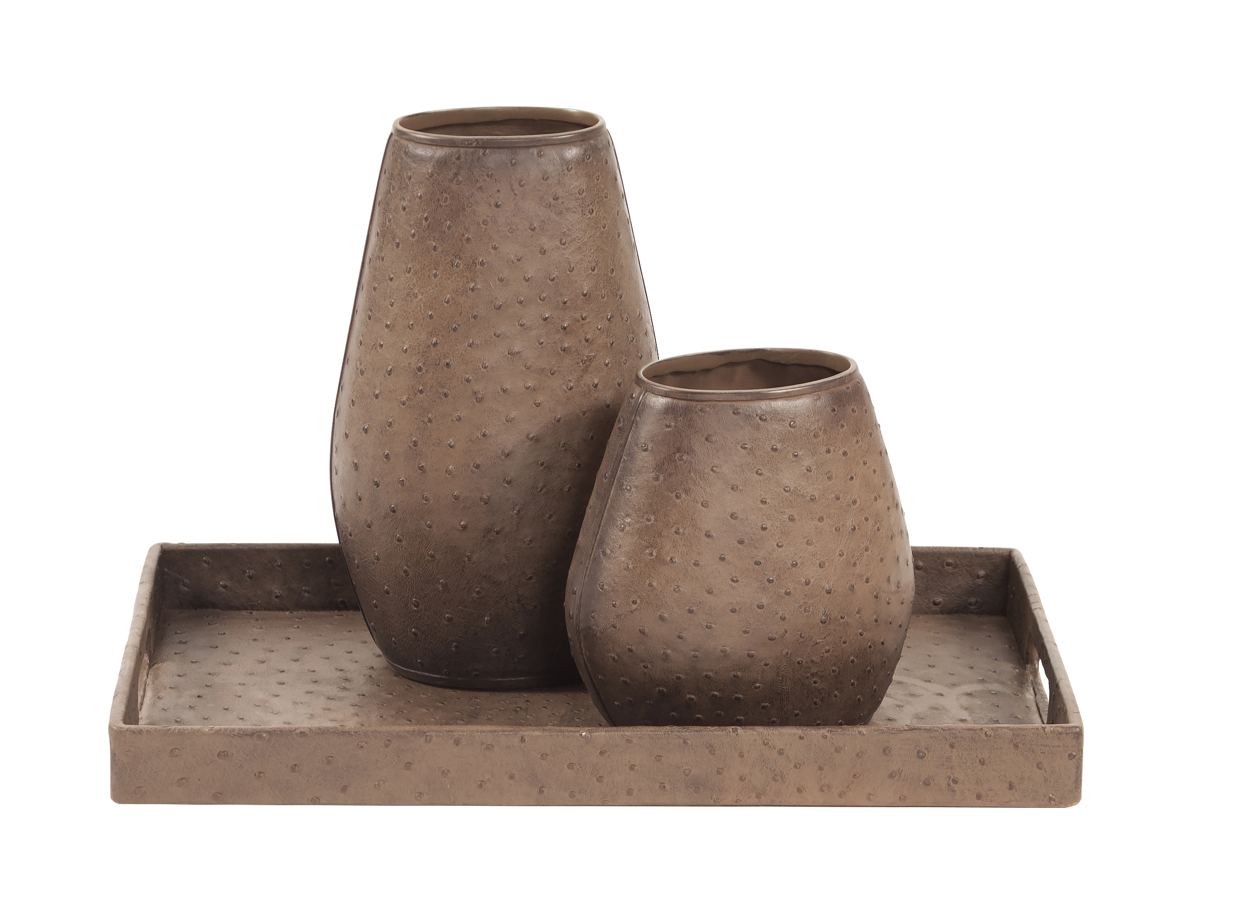 Walnut Brown vases and tray in faux leather from Howard Elliott