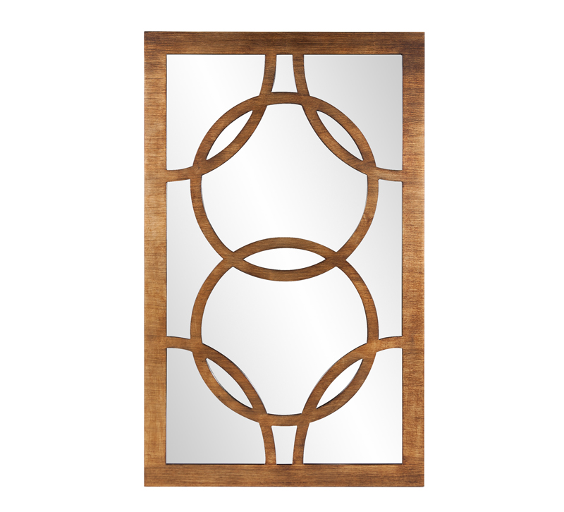 Rectangular Felicity mirror with a wood frame and interlocking circles on the glass from Howard Elliott
