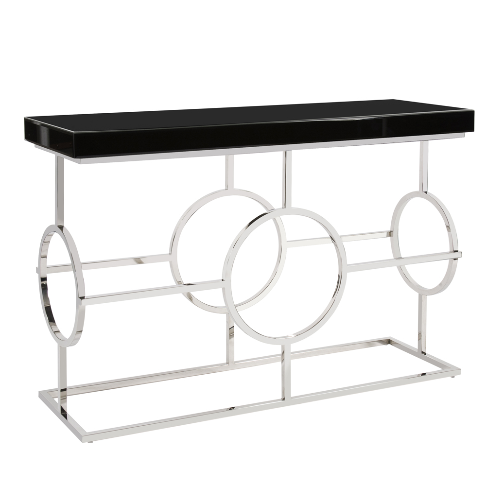 Stainless Steel console with a black mirror surface and a steel base