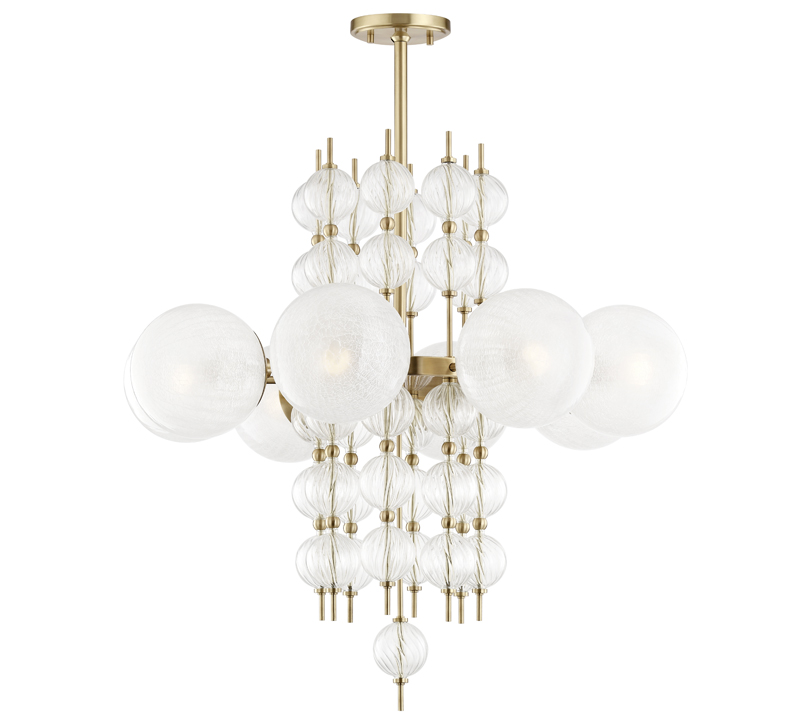 Calypso chandelier made of a cylindrical tower of small glass orbs surrounded by a halo of larger orbs all finished in brass from Hudson Valley Lighting