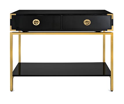 Dahna console in black with gold hardware and one shelf from IMAX