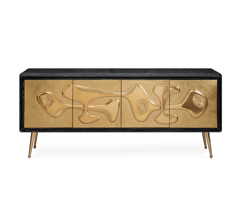 Reform credenza with four metal-plated doors and brass legs from Jonathan Adler