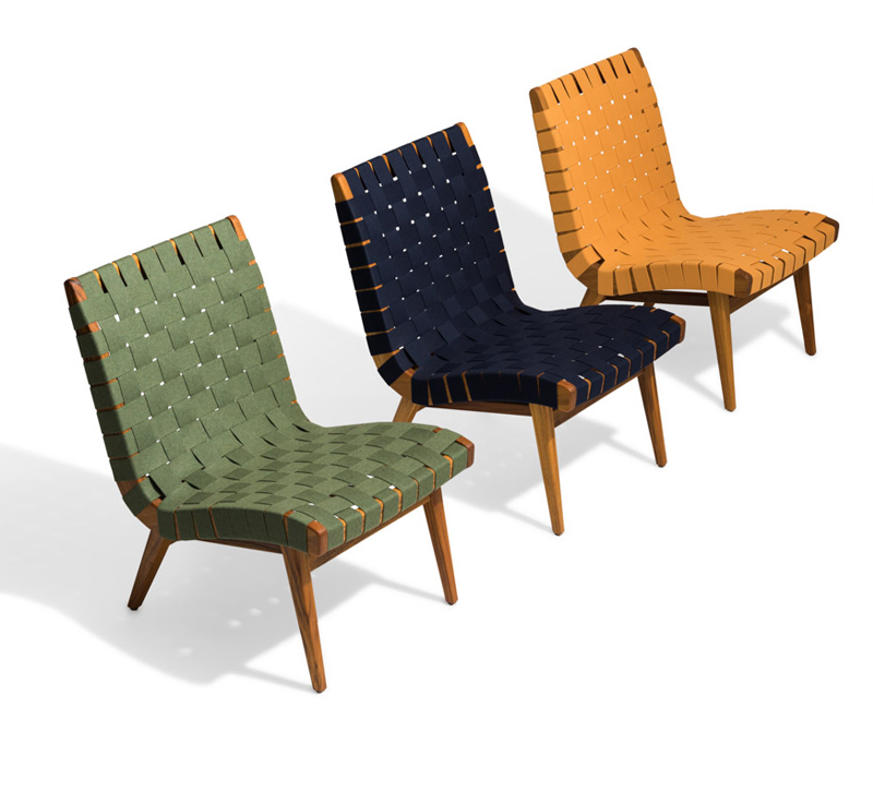 Three lounge chairs in green, navy and yellow