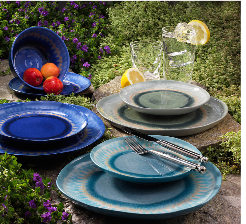 Dark blue, light blue and gray plates and bowls from Merritt Designs