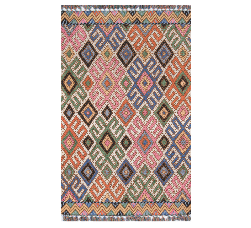 Taho bo-ho area rug with a tribal pattern in pink, green, orange and blue from Momeni