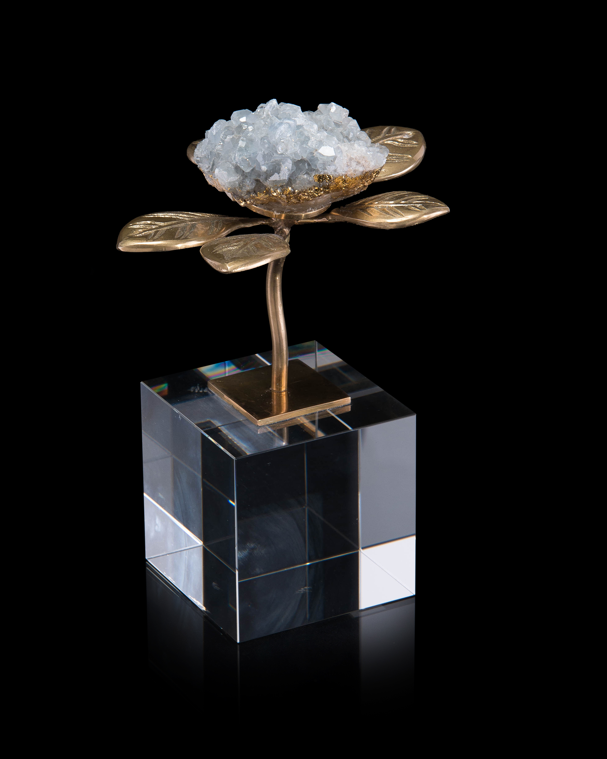 Celestite Crystal Bloom accessory on a clear crystal cube base from John-Richard