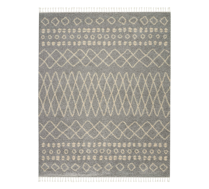 Moroccan gray and white shag area rug with a tribal pattern from Nourison