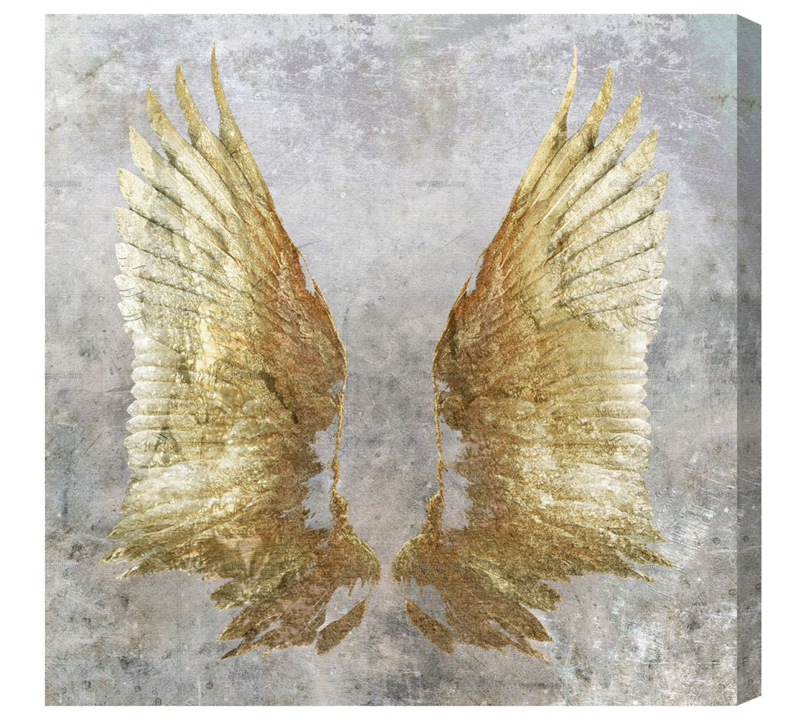 My Golden Wings wa;; art with two golden wings on a gray background from Oliver Gal
