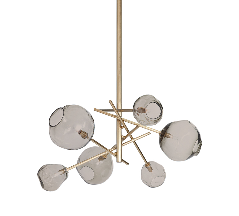 Molten six-light chandelier in brass with smokey glass orbs from Regina Andrew Design
