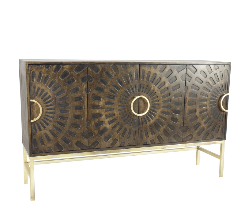 Carved Wood four-door cabinet with brass accents and legs from Sagebrook Home