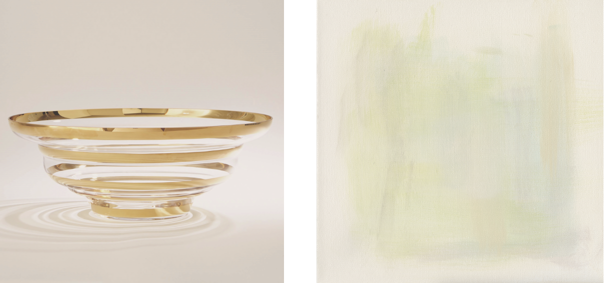 Nuance XI, designed by Edward Nader, one of a series of 12 acrylic on canvas for Leftbank Art (above), and the Saturn bowl, also designed by Nader,  for Global Views (right). 