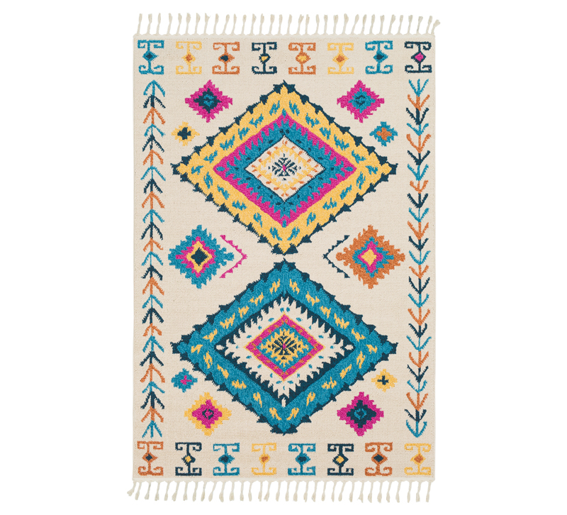 Love power-loomed area rug with a tribal pattern in bright yellows, pinks and blues from Surya