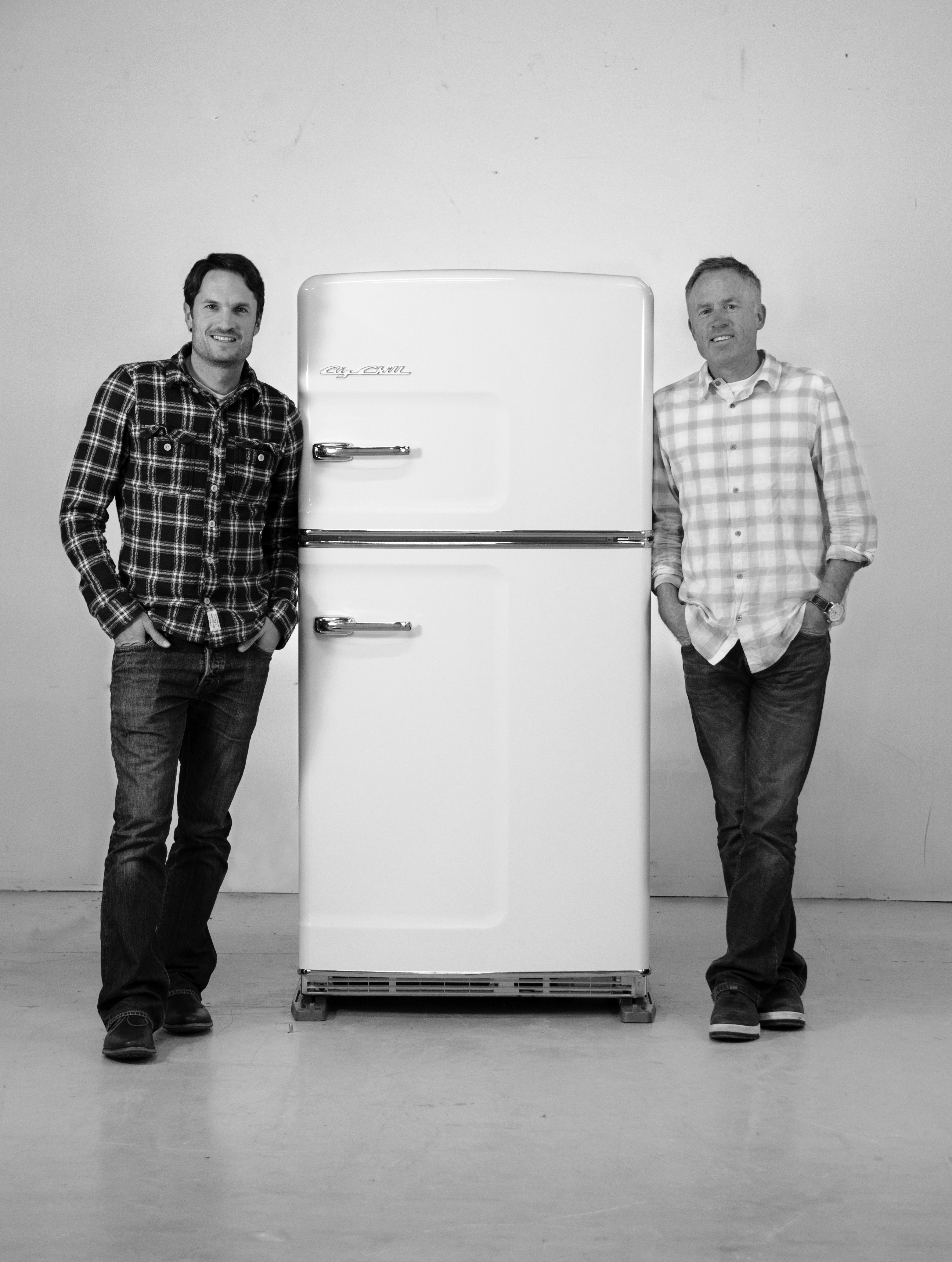 Orion Creamer and Thom Vernon with fridge