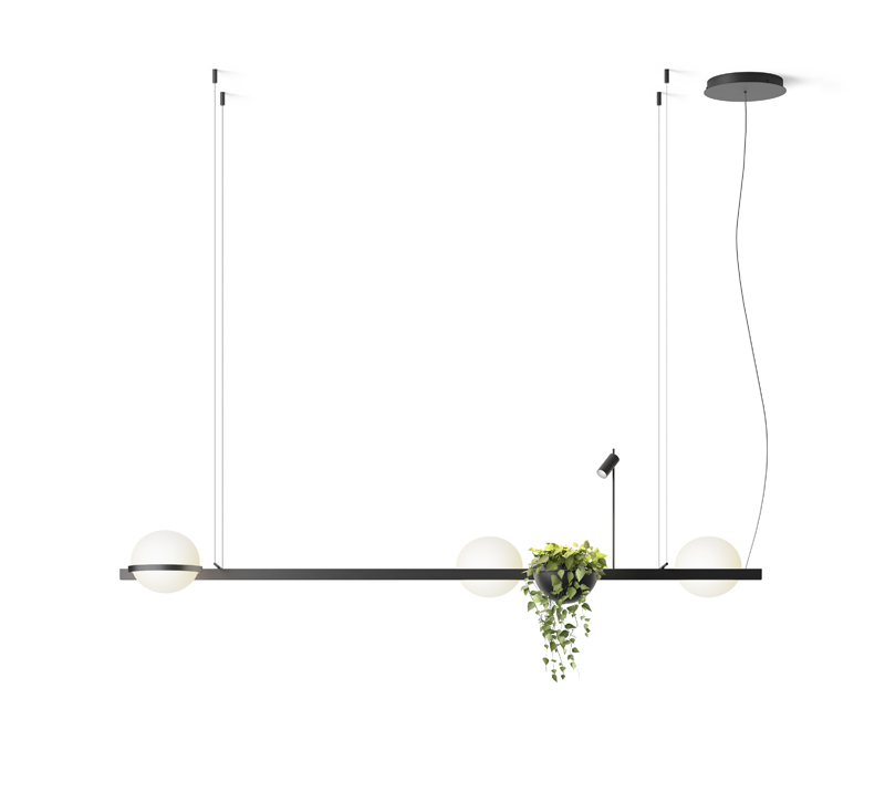 Vibia’s Palma Collection with one thin black line, three glass orbs and one plant with a direct LED light
