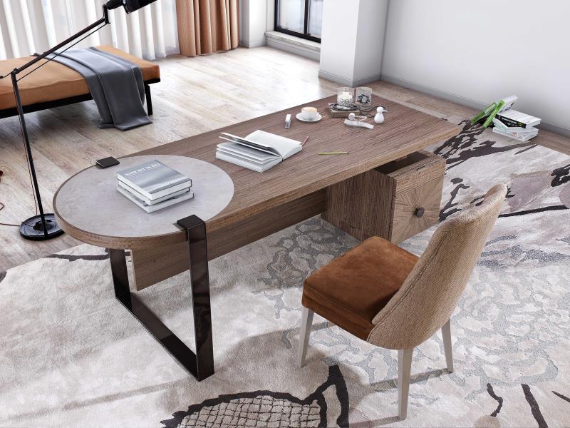 Aleal by Planum Furniture is introducing a brand new home office design this market. This desk and credenza are offered in Eucalyptus Frise or lacquer colors with metal accent details.