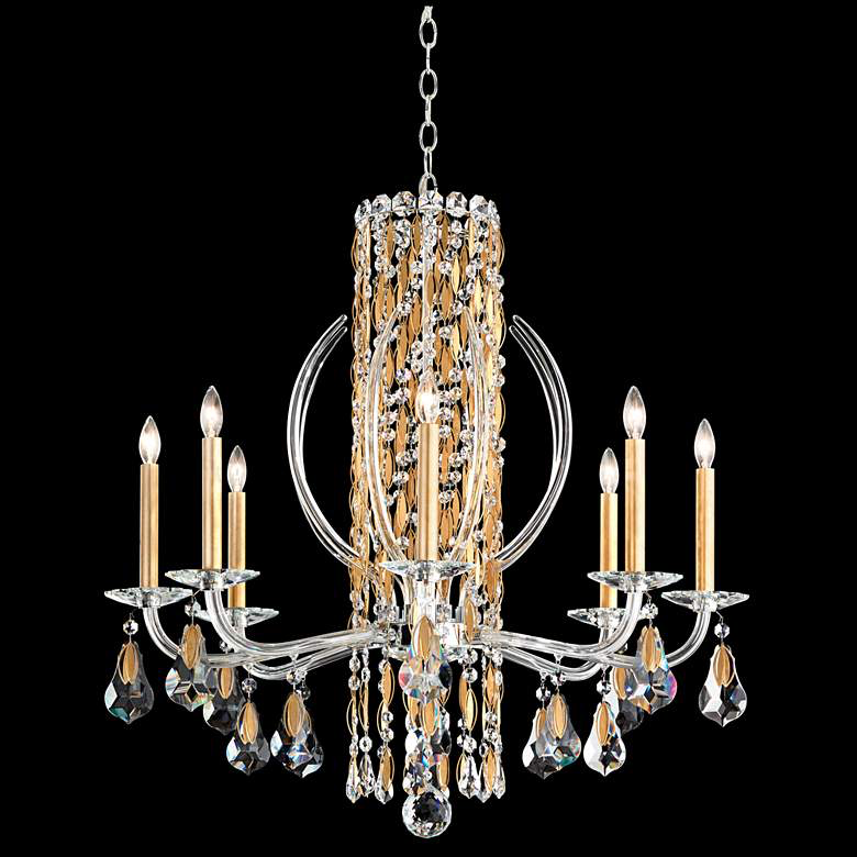 This crystal chandelier features clear-cut crystal pendants, beading and clear glass arms