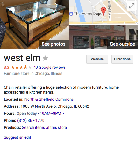 screenshot of west elm Google My Business listing