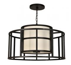 Hulton Pendant  with a round, open, metal cage surrounding a shaded light source from Crystorama
