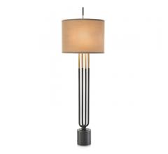 Matte Black candlestick lamp with four columns and a linen shade from John-Richard