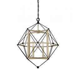Division pendant with black outer rods and a gold frame with two lights from Quoizel