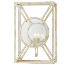 Beckmore Wall Sconce with distressed bars in a rectangle shape with a small light bulb in the center from Currey & Co.