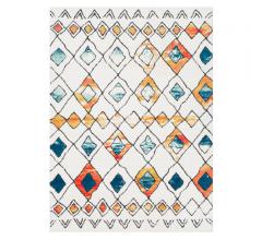 Moroccan Shag Area Rug with a geometric print on a white background with oranges, blues and reds from Surya