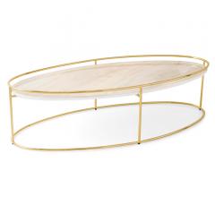 Atollo Coffee Table with a gold, oval-shaped frame and a glass top from Calligaris