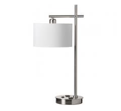 Incandescent Table Lamp with a white shade, USB Port and Receptacle in silver from Dainolite