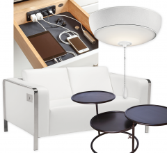 Drawer, lamp, loveseat and tables on white background
