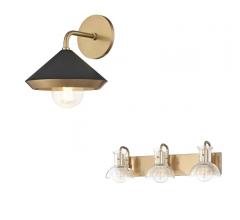Marnie brass and black wall sconce and the Riely bath bar with a brass backplate from Mitzi by Hudson Valley Lighting