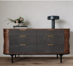Arciform Bureau with rounded sides and six gray drawers with brass hardware from Skylar Morgan Furniture