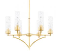 Regan chandelier with six arms and bulbs surrounded by seeded glass and all finished in gold from Capital Lighting Fixture Co