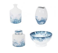 Blue and White Porcelain jug, vase, jar and bowl with abstract circle pattern from Howard Elliott